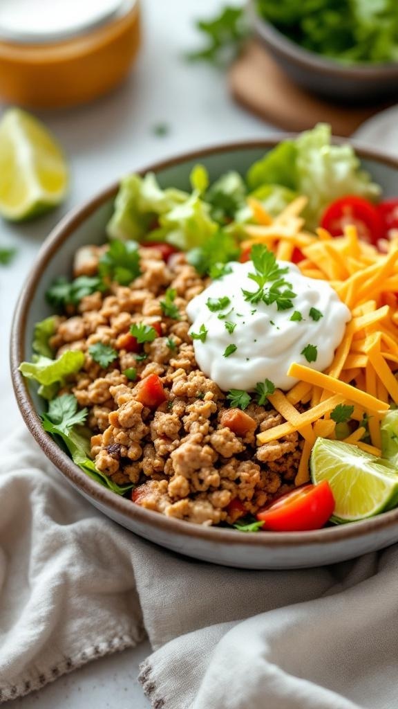 A colorful creamy turkey taco salad with ground turkey, lettuce, tomatoes, cheese, and Greek yogurt.