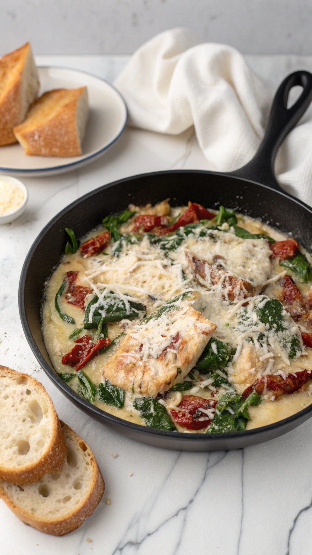 Creamy Tuscan Chicken in a skillet with spinach and sun-dried tomatoes, served with slices of bread.