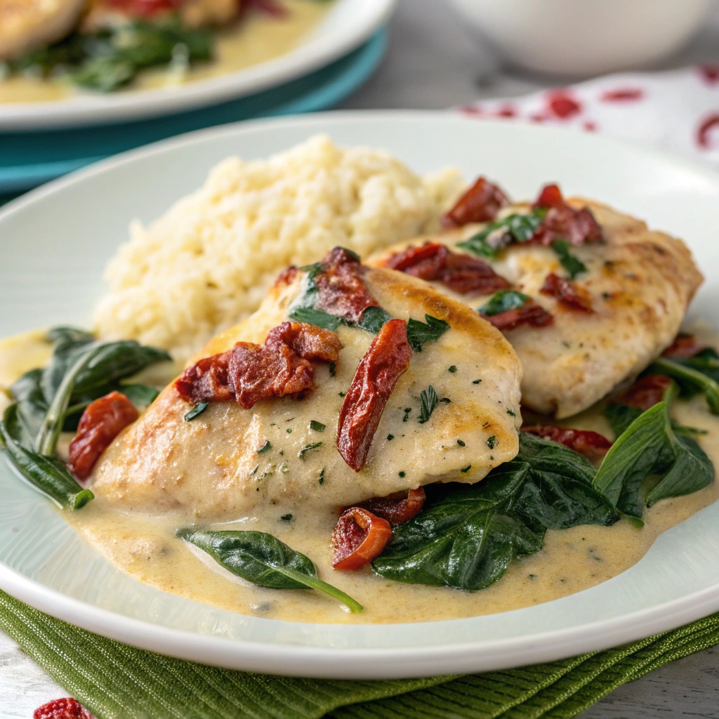 Creamy Tuscan Chicken with Spinach and Sun-Dried Tomatoes served on a plate