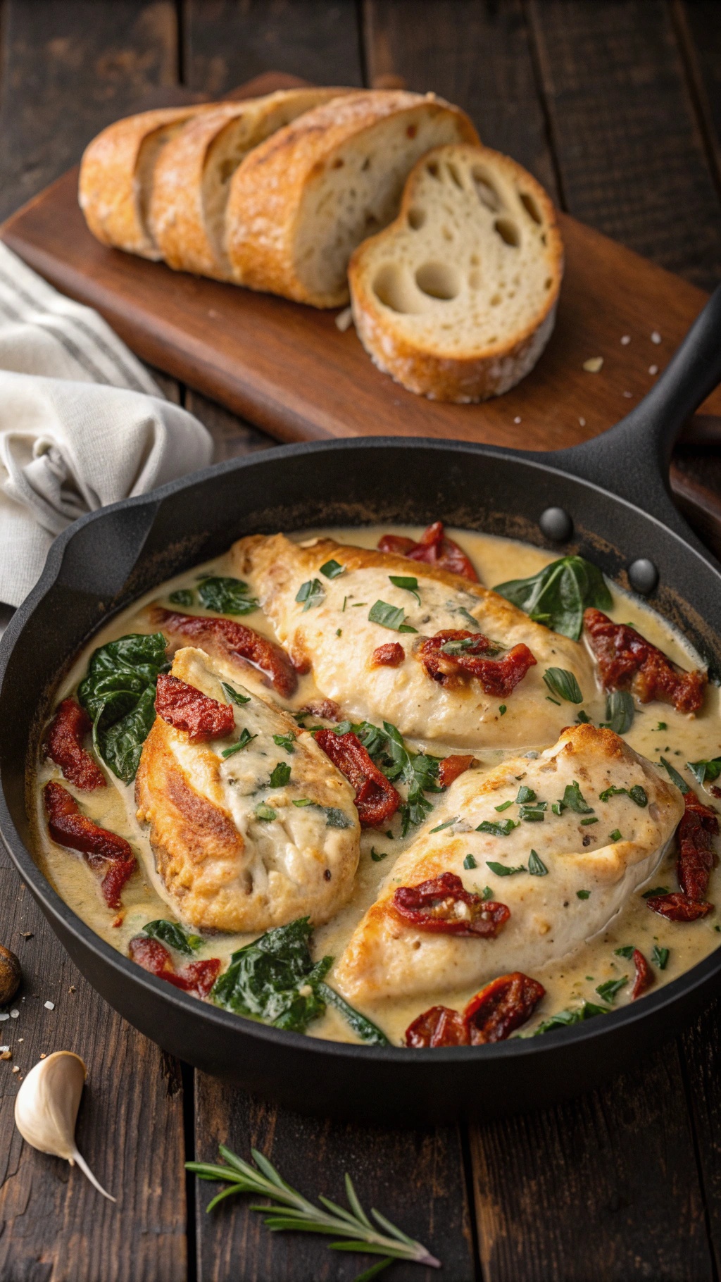 Creamy Tuscan Garlic Chicken in a skillet with sun-dried tomatoes and spinach