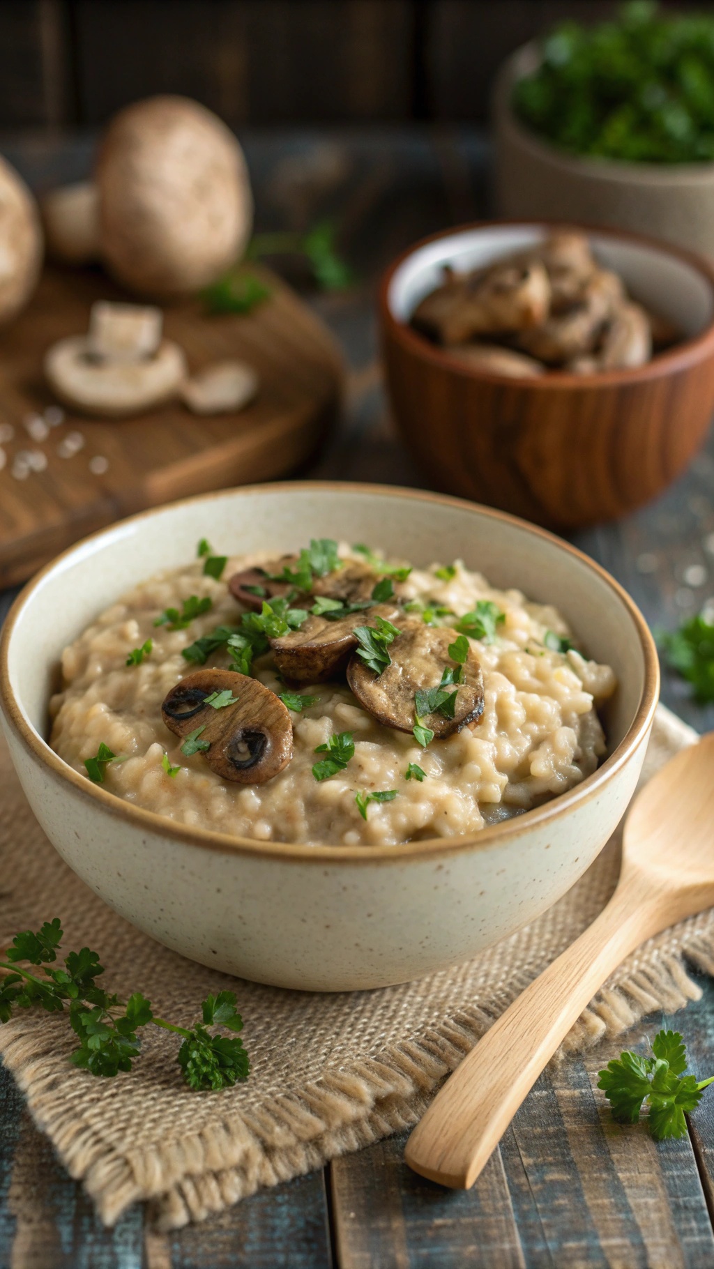 A bowl of creamy vegan mushroom risotto topped with sautéed mushrooms and parsley, with additional mushrooms in the background.