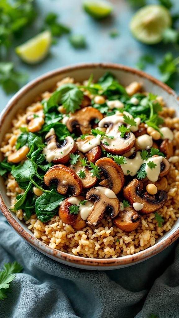 A creamy vegan taco bowl featuring brown rice, sautéed mushrooms, fresh spinach, and drizzled with cashew cheese.
