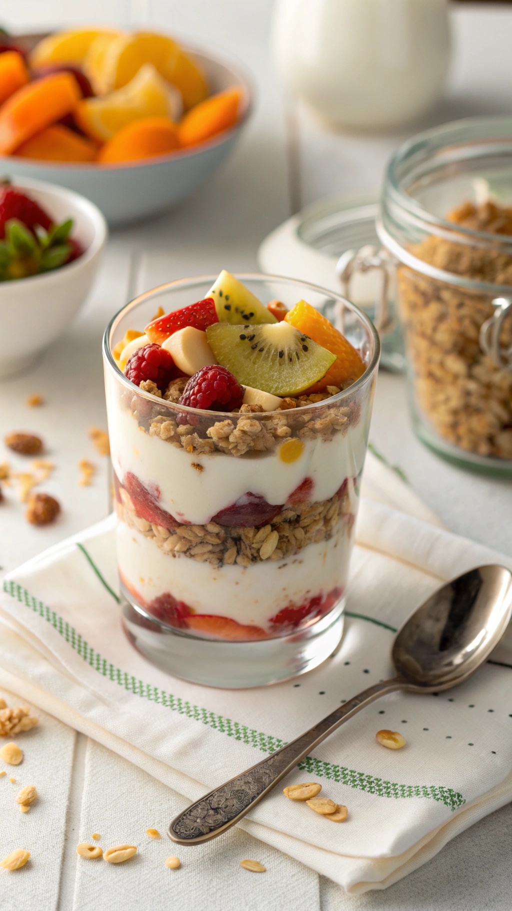 A creamy yogurt parfait layered with granola and seasonal fruits in a glass.