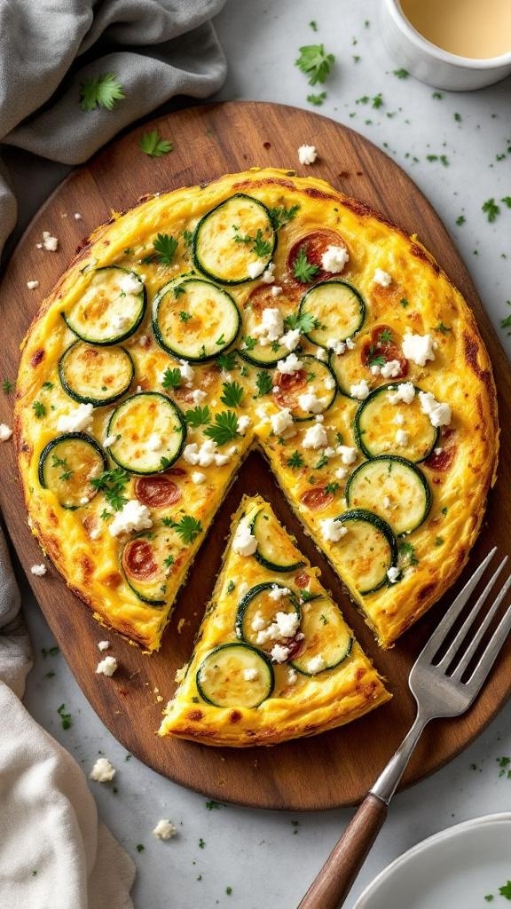 A creamy zucchini and feta cheese frittata, beautifully arranged with zucchini slices and crumbled feta on top.
