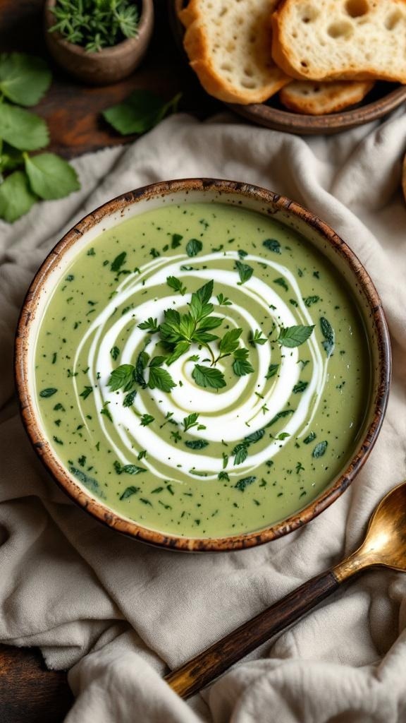 A bowl of creamy zucchini and spinach soup garnished with herbs, served with slices of bread.