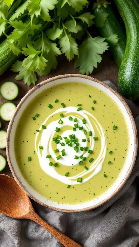 A bowl of creamy zucchini soup garnished with chives, surrounded by fresh zucchini and herbs.