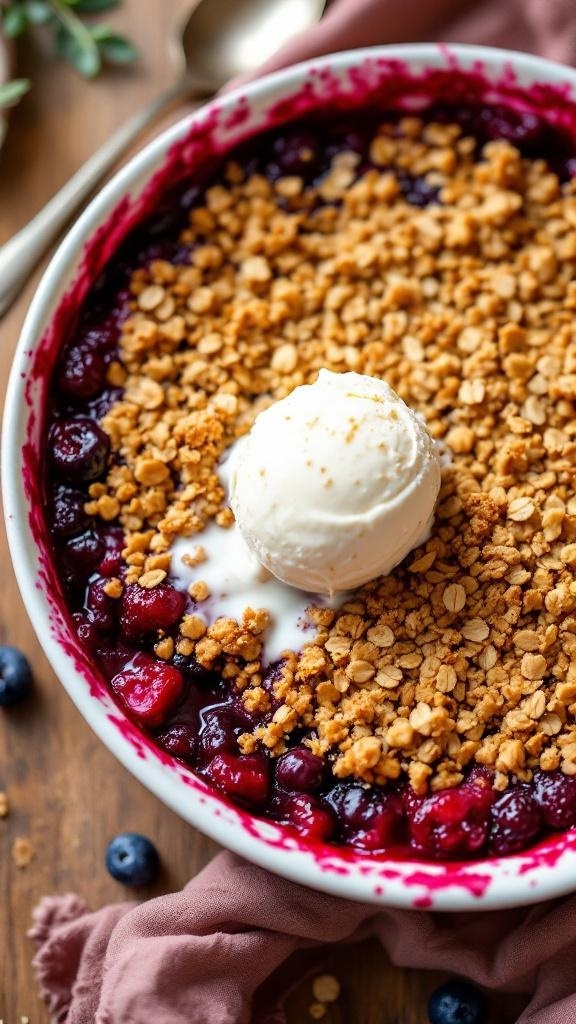 A warm berry crisp topped with a golden oat crumble and a scoop of vegan ice cream.