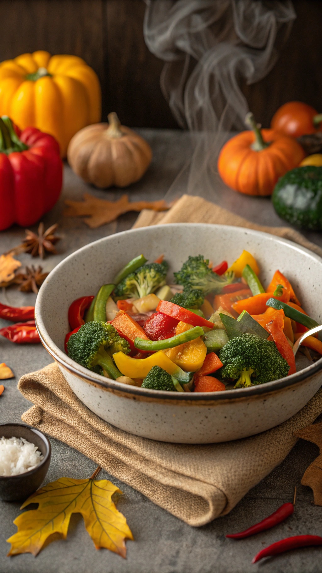 A colorful bowl of harvest vegetable stir-fry with broccoli, bell peppers, and carrots, surrounded by autumn decorations.