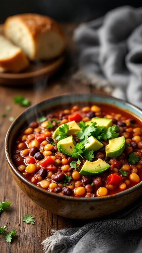 A bowl of hearty vegetarian chili topped with avocado and cilantro, with bread in the background.