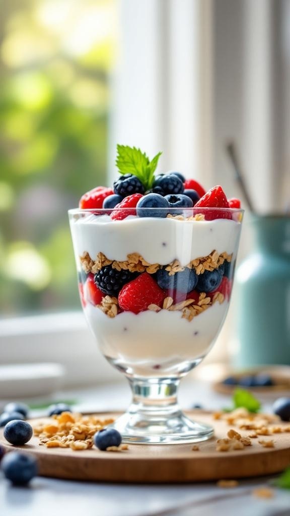 A colorful yogurt parfait with layers of yogurt, berries, and granola, garnished with mint leaves.