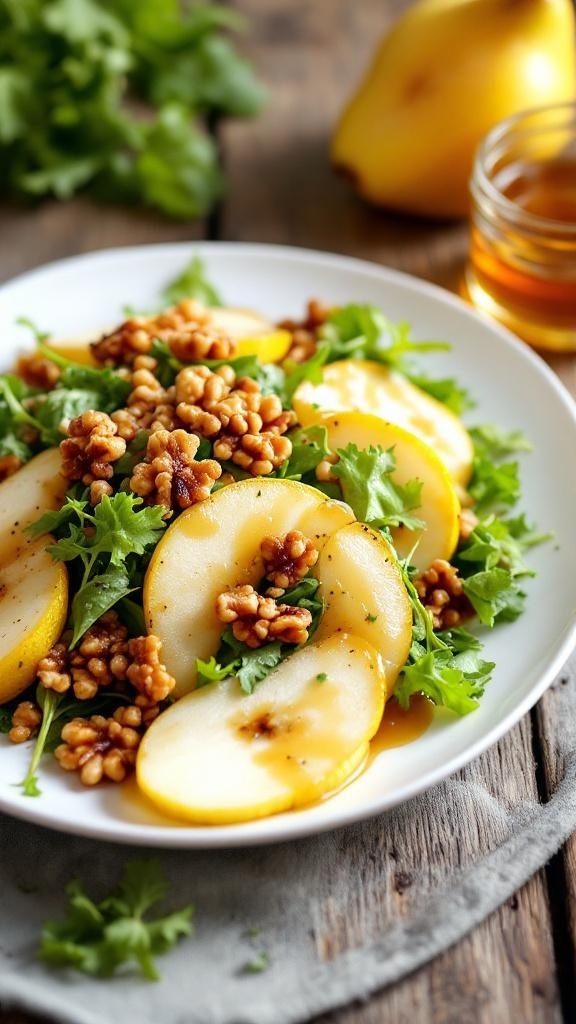A fresh salad with sliced pears, walnuts, and greens on a plate.