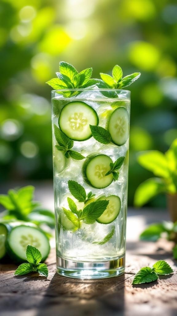 A refreshing cucumber mint cooler drink in a tall glass with cucumber slices and mint leaves.