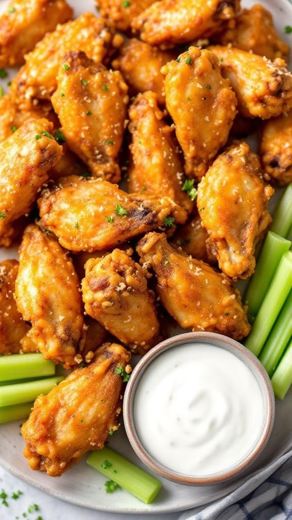 A plate of crispy garlic parmesan chicken wings with celery sticks and ranch dressing.