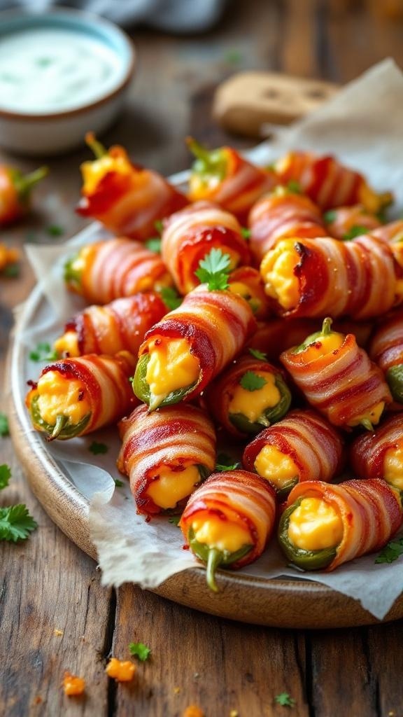 A plate of crispy bacon-wrapped jalapeño poppers, garnished with cilantro and served with a side of ranch dressing.