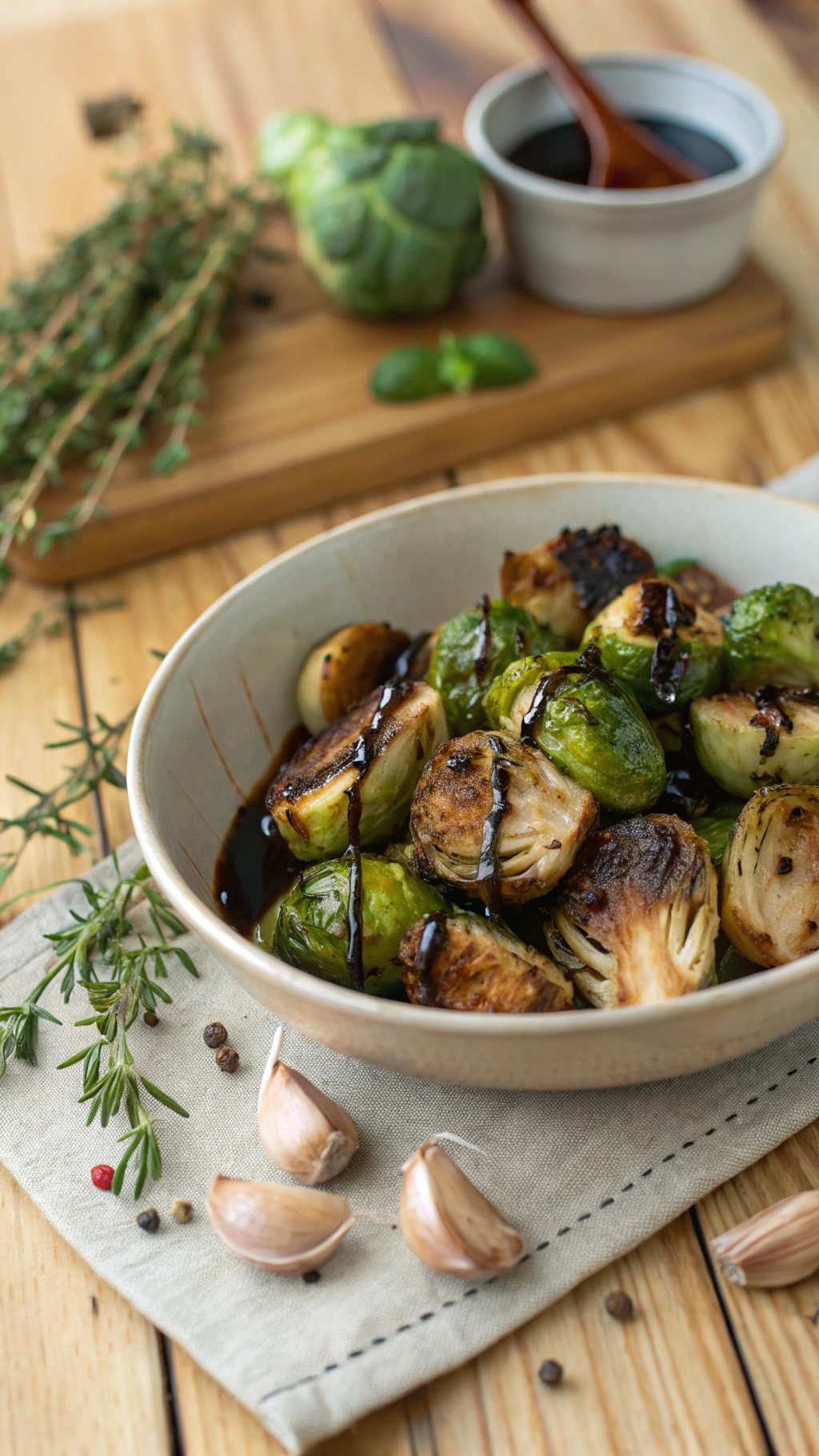 Bowl of crispy baked Brussels sprouts drizzled with balsamic glaze, surrounded by garlic and herbs.