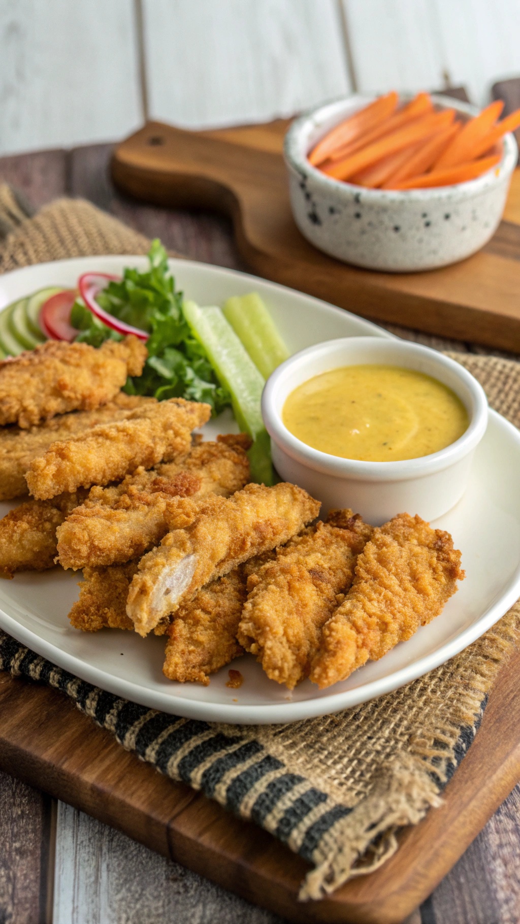 Crispy baked chicken tenders served with fresh vegetables and dipping sauce