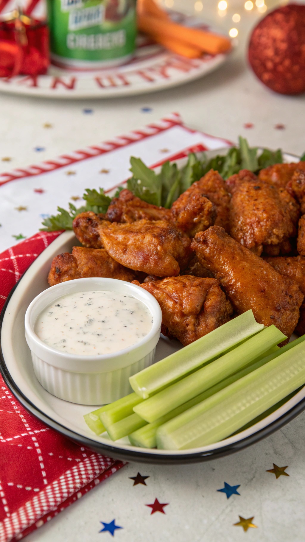 A plate of crispy baked chicken wings served with celery sticks and dipping sauce.
