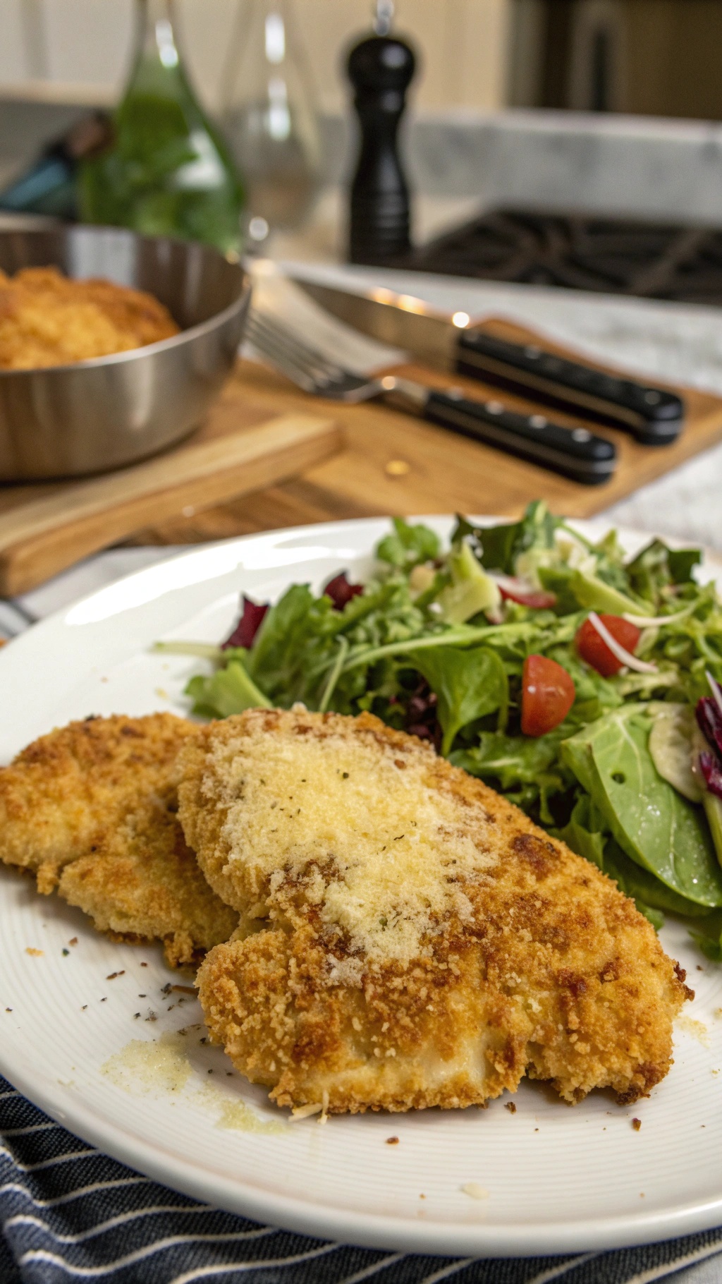Crispy baked chicken with a Parmesan crust served with a fresh salad.