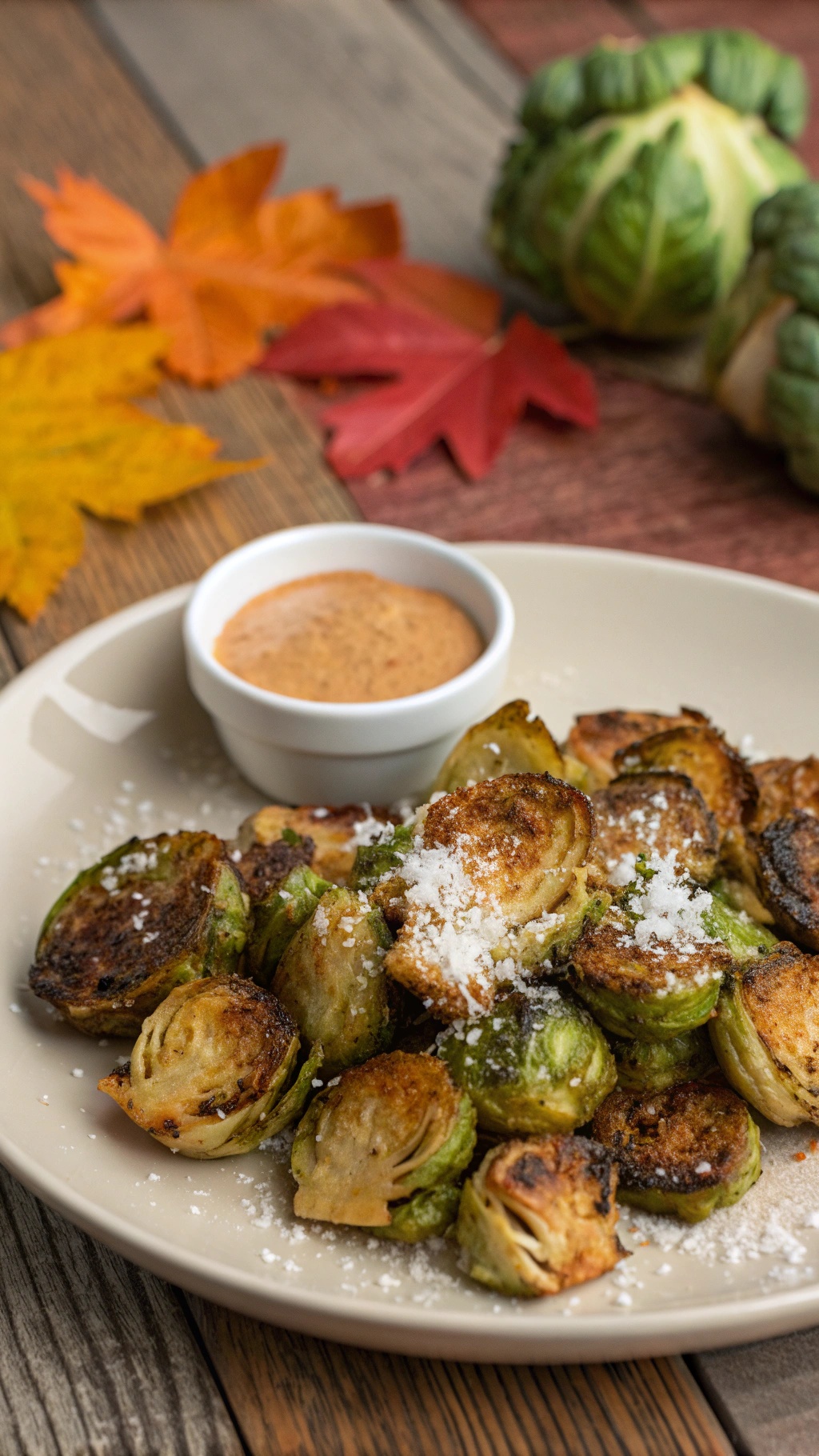 Crispy baked Parmesan Brussels sprouts served with a dipping sauce on a plate, surrounded by autumn leaves.