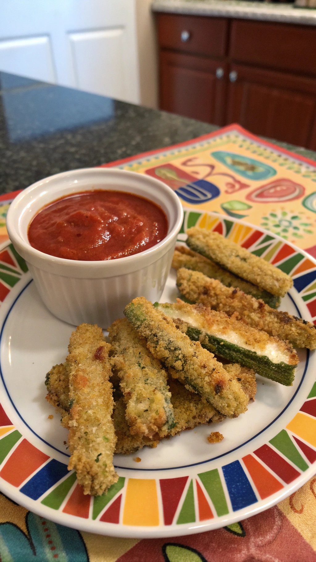Plate of crispy baked zucchini fries with marinara sauce