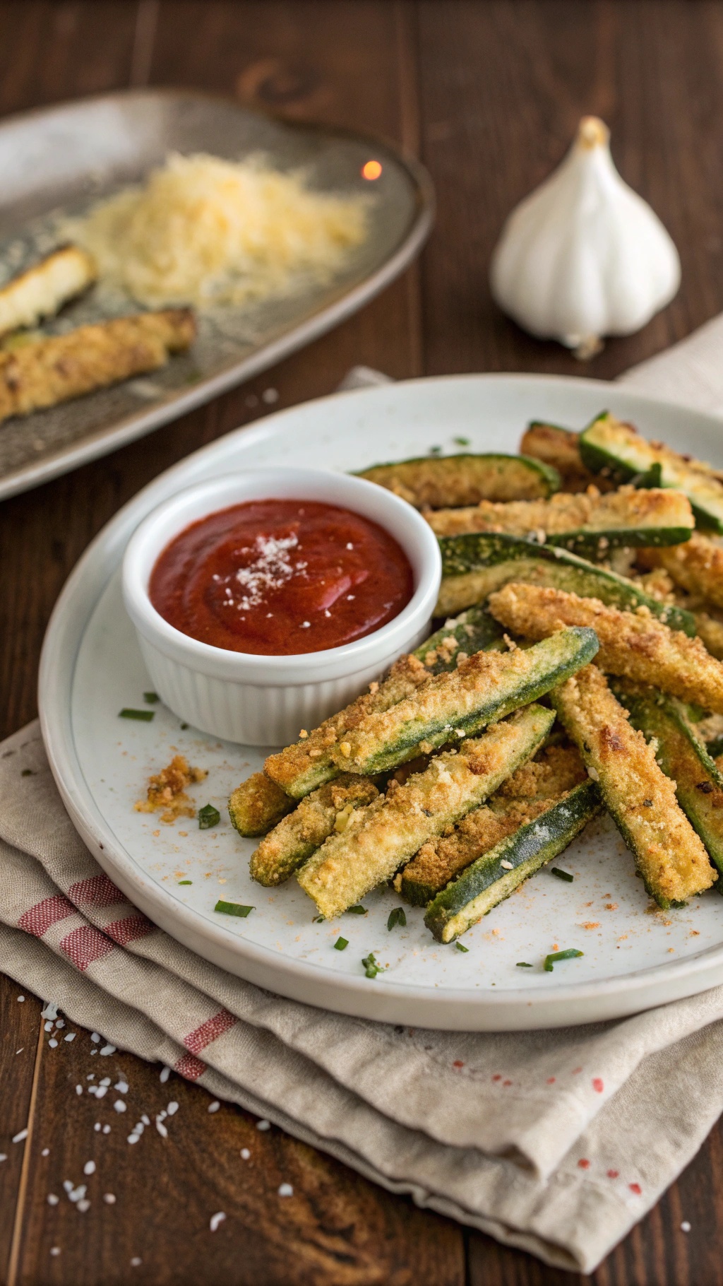 Crispy baked zucchini fries served with marinara sauce.