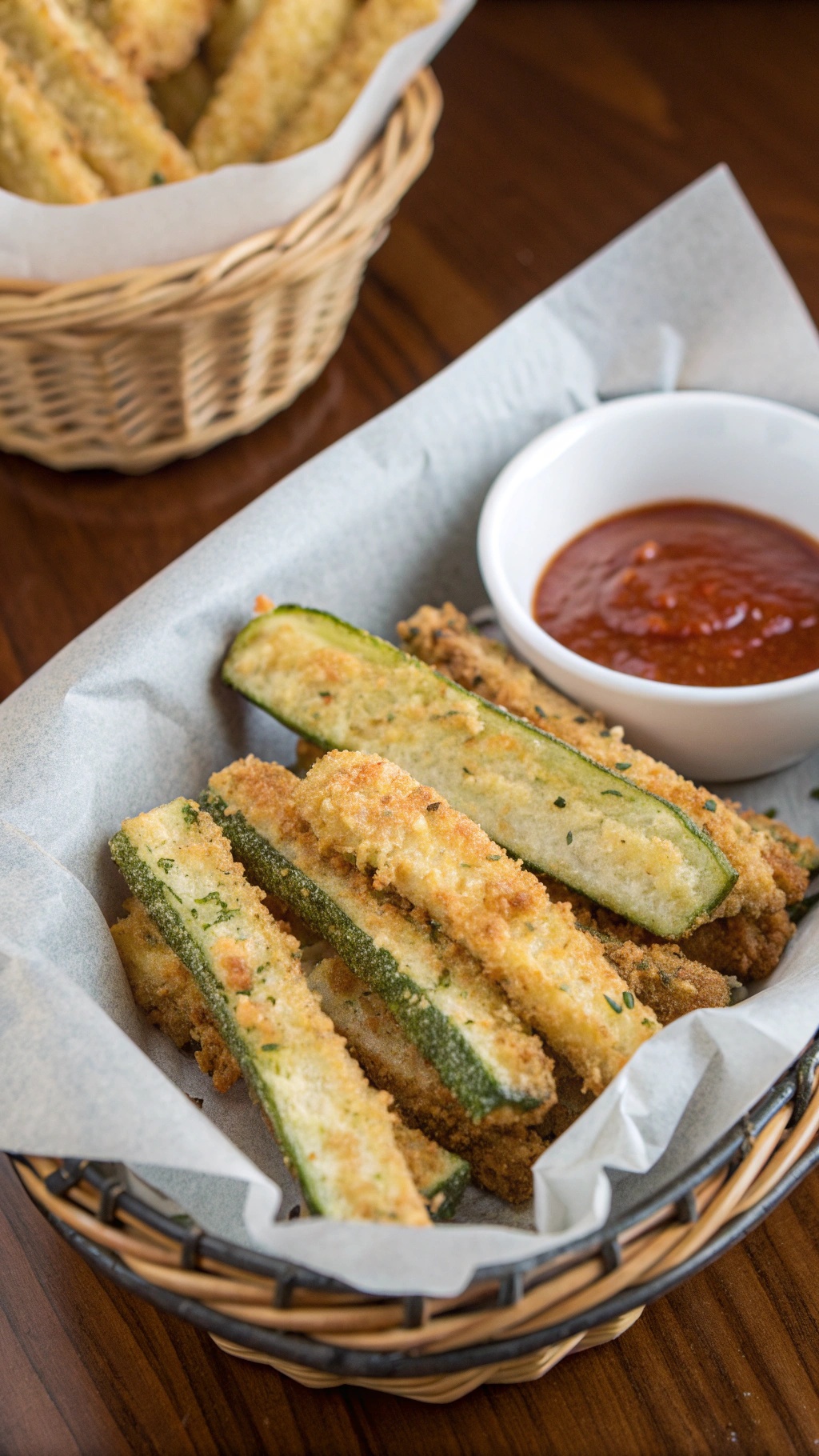 A basket of crispy baked zucchini fries served with marinara sauce.