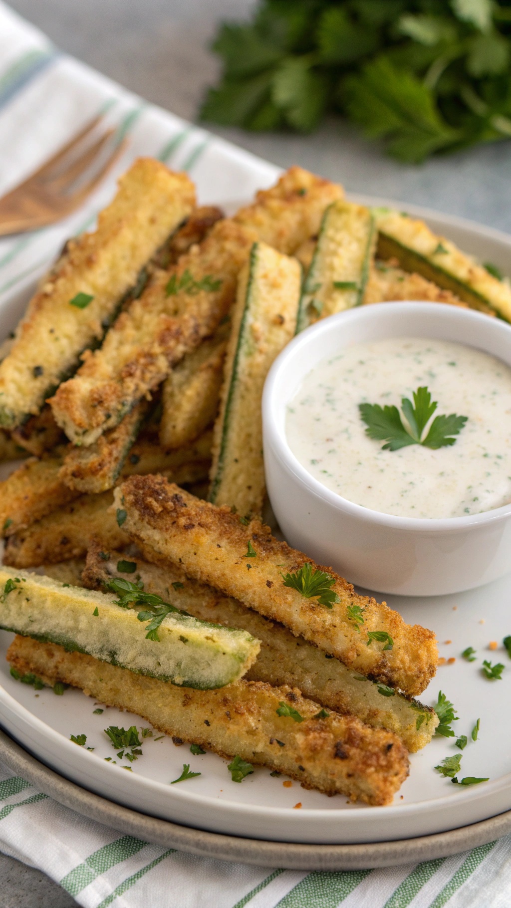 Crispy baked zucchini fries served with a creamy dipping sauce and garnished with parsley.