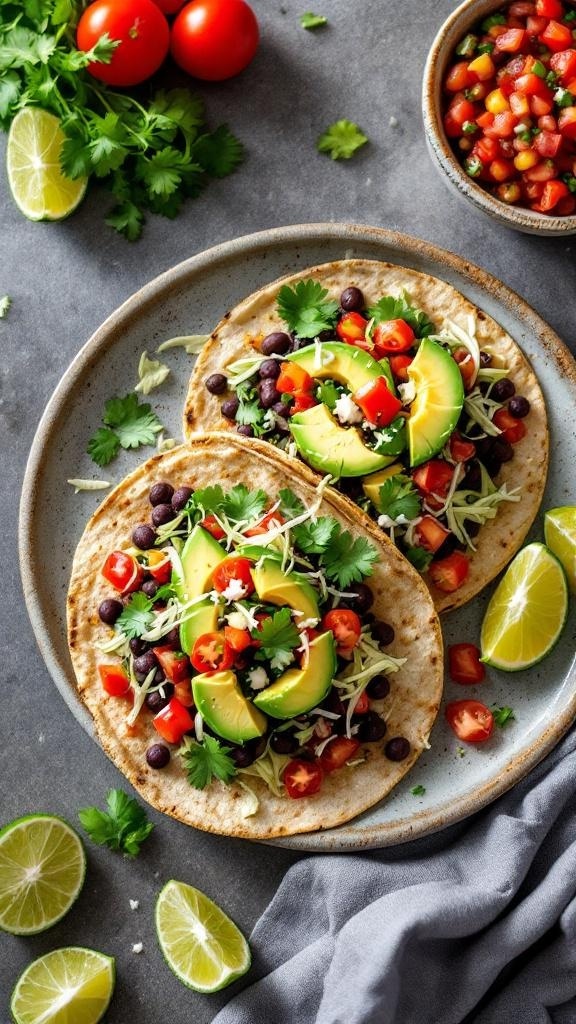 Crispy black bean tacos topped with avocado, tomatoes, and cilantro, served with lime wedges.