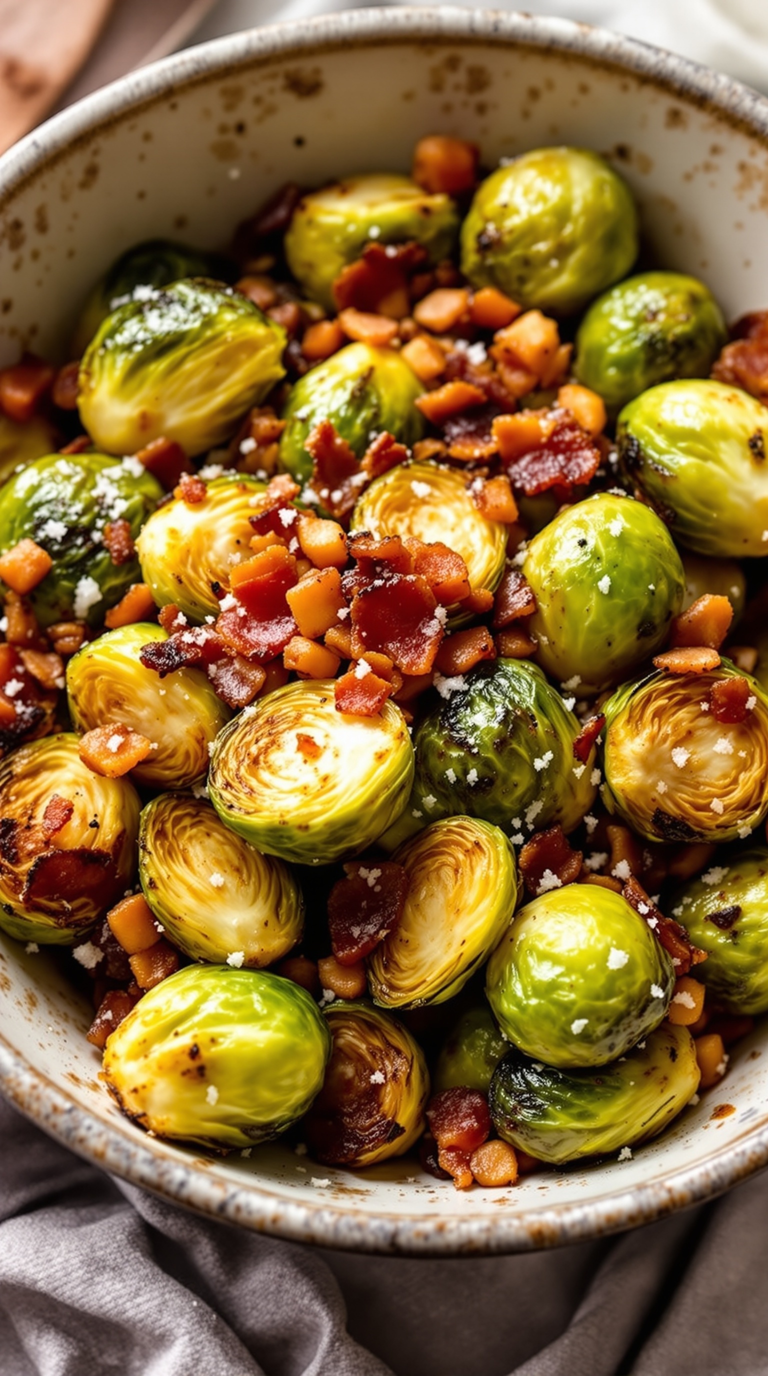 A bowl of crispy Brussels sprouts with bacon, garnished with bits of bacon and a sprinkle of cheese.