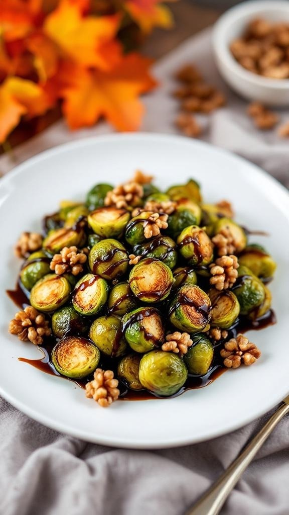 A plate of crispy Brussels sprouts drizzled with balsamic glaze and topped with walnuts, set against a backdrop of autumn leaves.