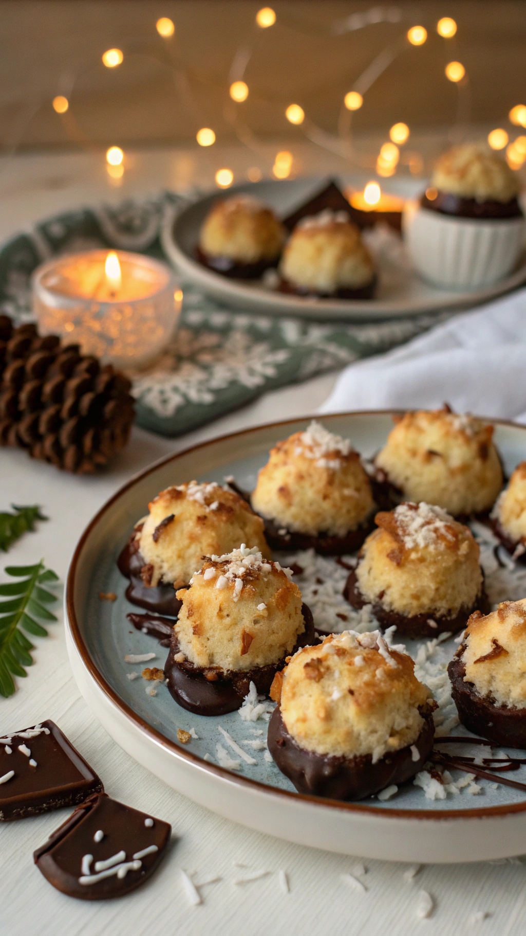 Crispy coconut macaroons dipped in dark chocolate on a festive plate with decorations.