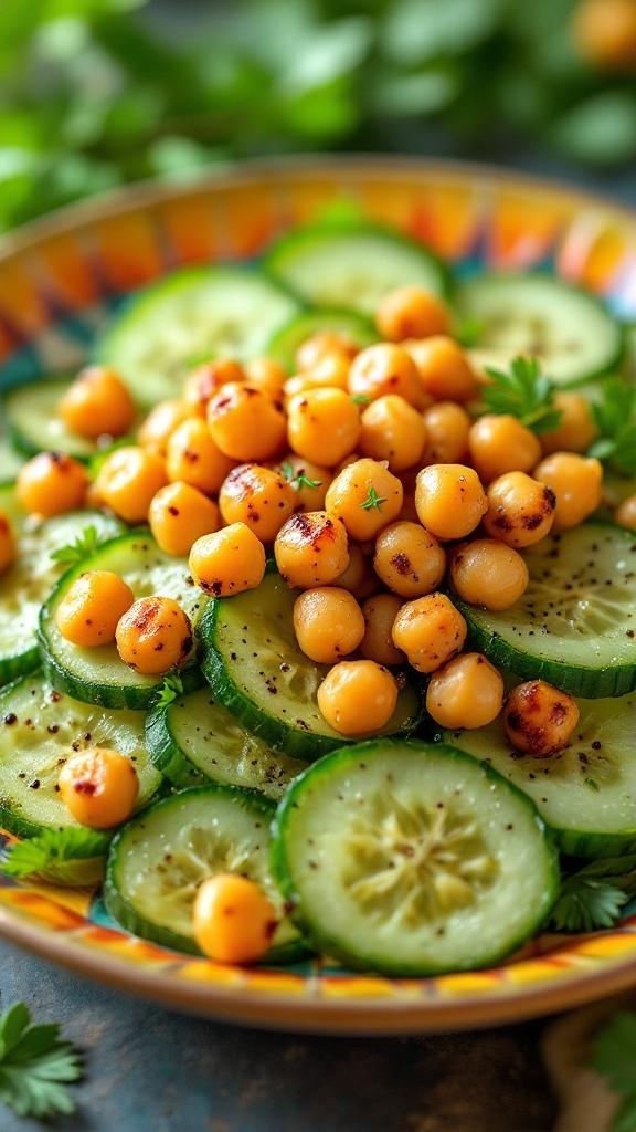 A colorful plate of cucumber salad topped with crispy chickpeas.
