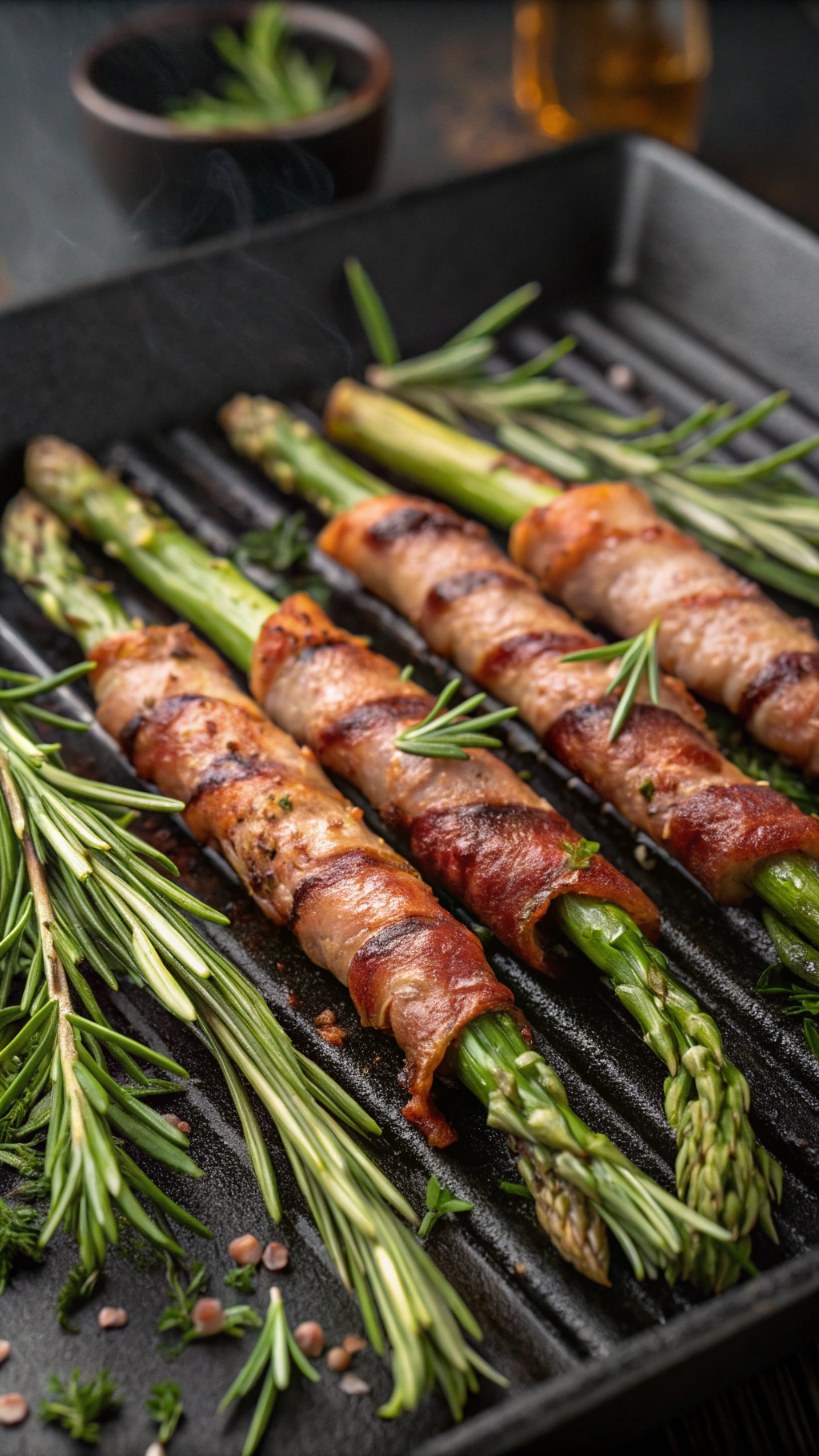 Crispy grilled asparagus wrapped in bacon on a grill pan, garnished with fresh herbs.