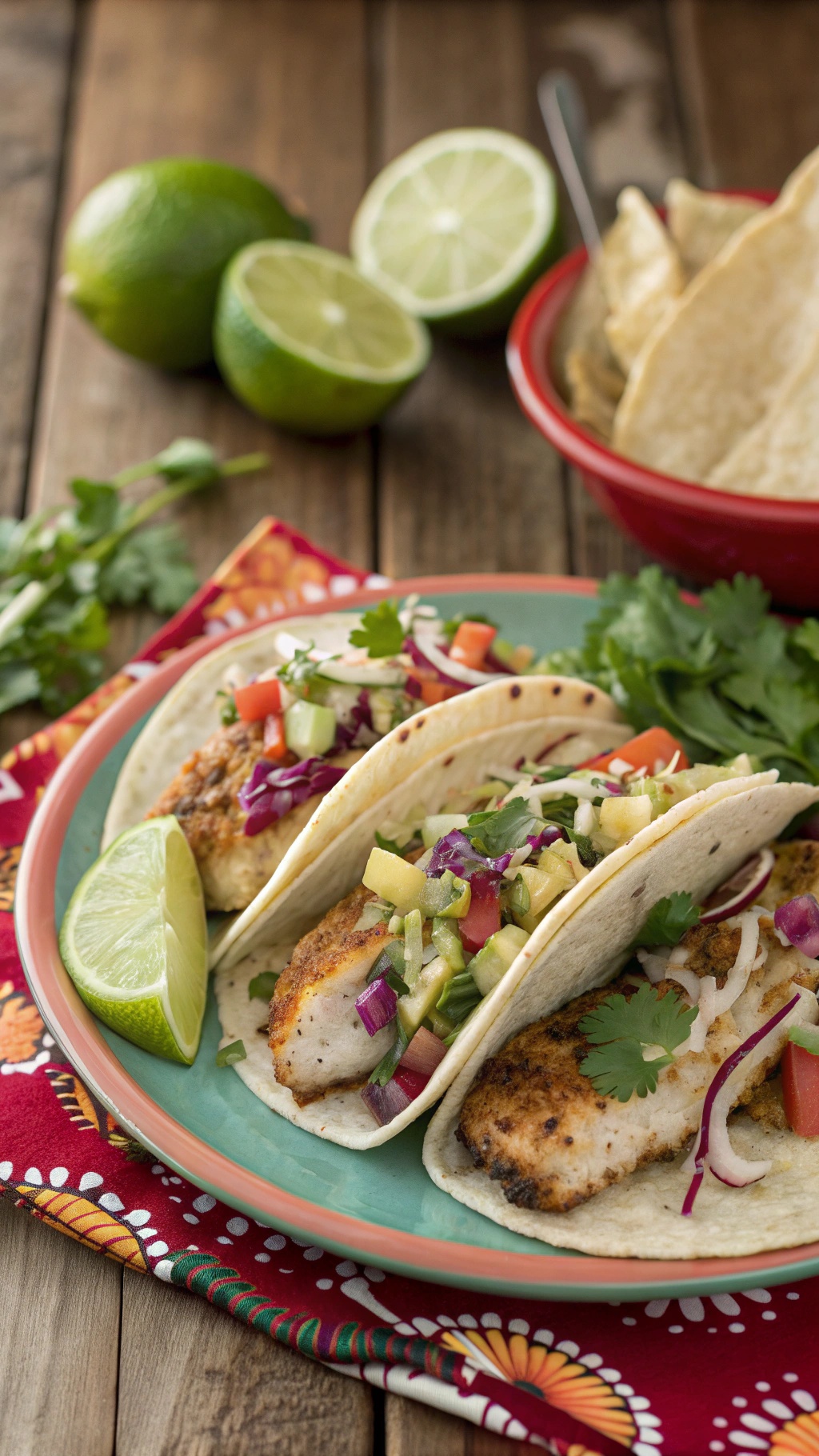 Crispy grilled fish tacos with lime slaw on a colorful plate, garnished with lime and cilantro.