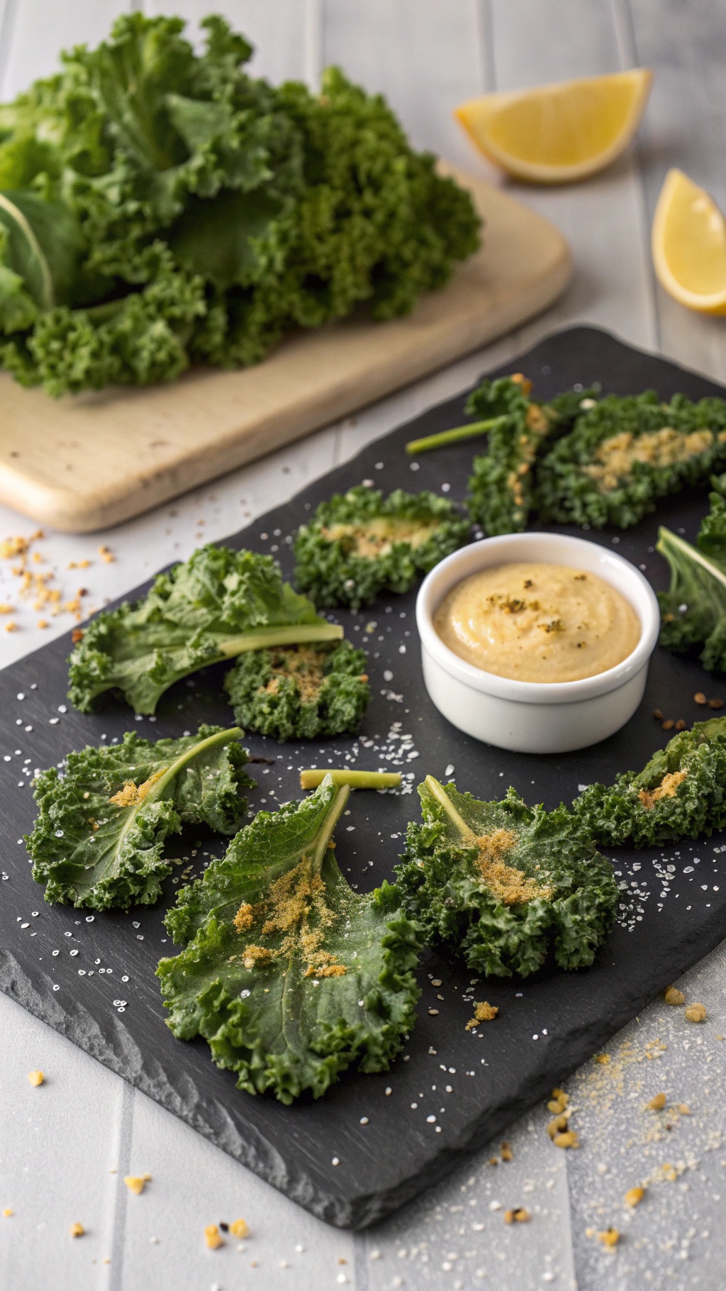 A plate of crispy kale chips with a creamy dip and fresh kale in the background