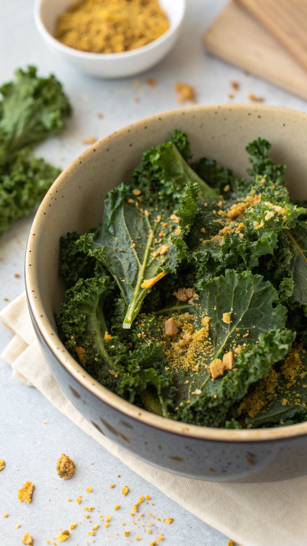 A bowl of crispy kale chips sprinkled with nutritional yeast, with fresh kale leaves in the background.