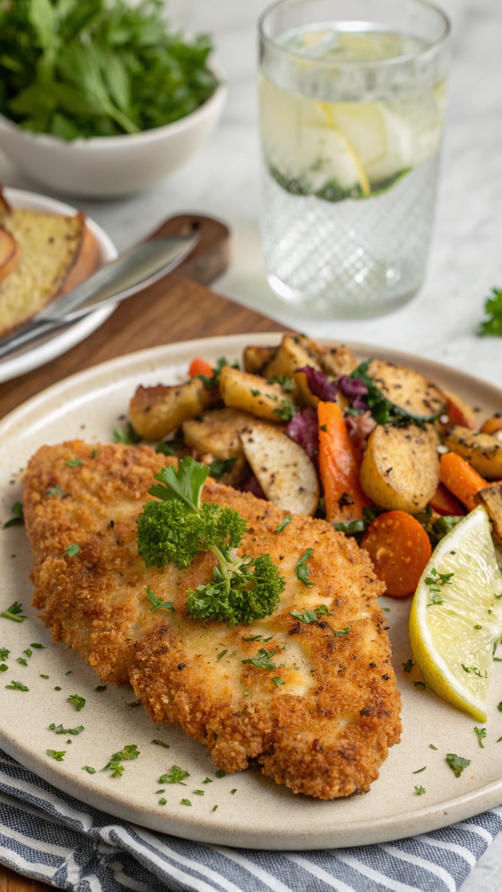 Crispy Parmesan Crusted Chicken served with roasted vegetables and a lemon wedge