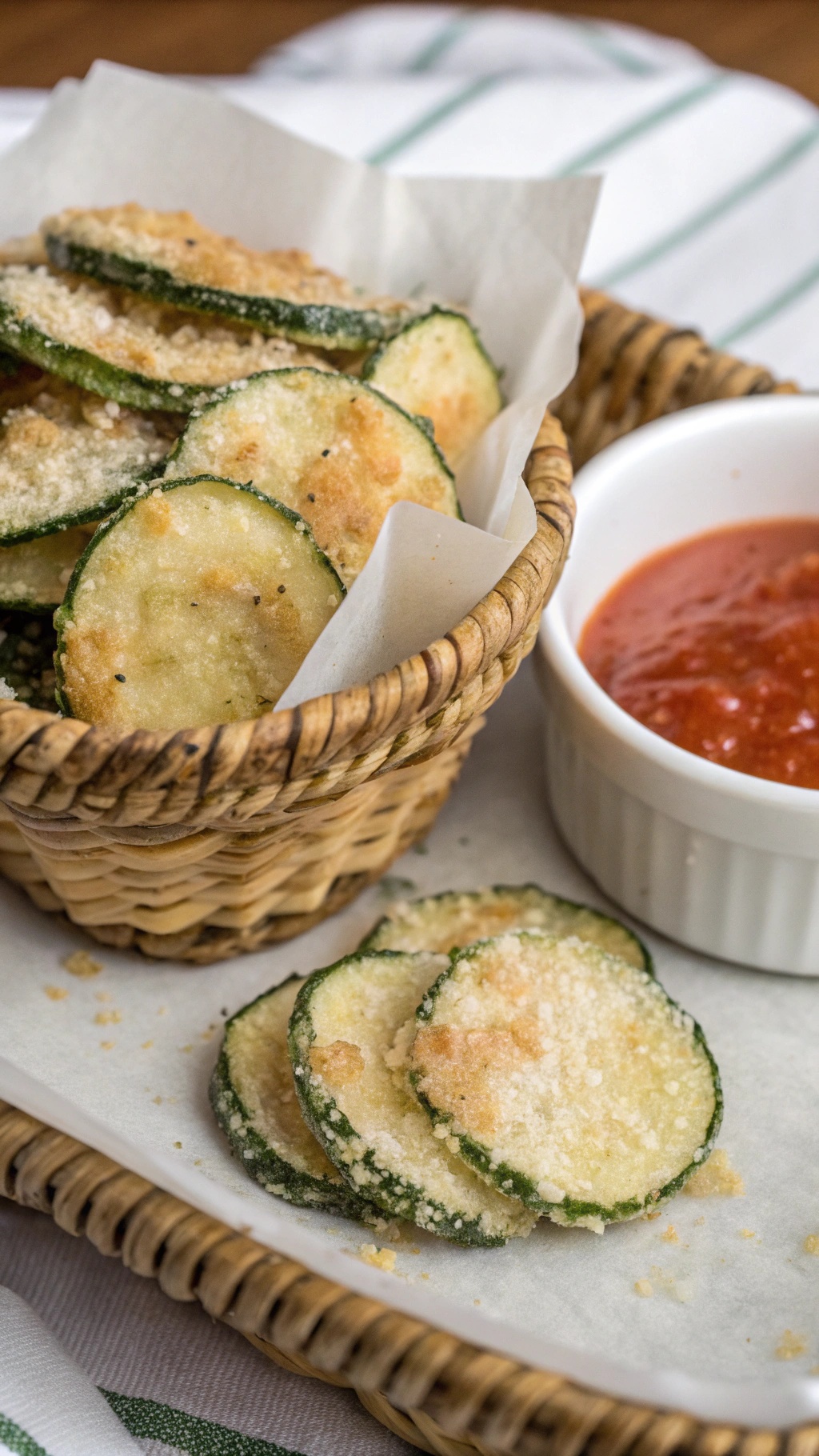A basket filled with crispy Parmesan zucchini chips and a small bowl of marinara sauce.