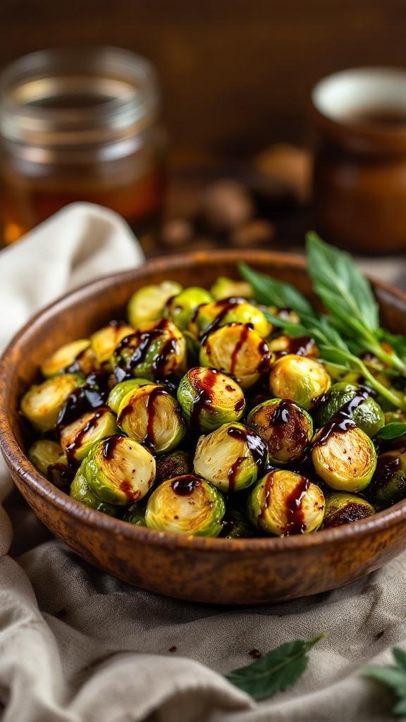 A bowl of crispy roasted Brussels sprouts drizzled with balsamic glaze, garnished with fresh herbs.