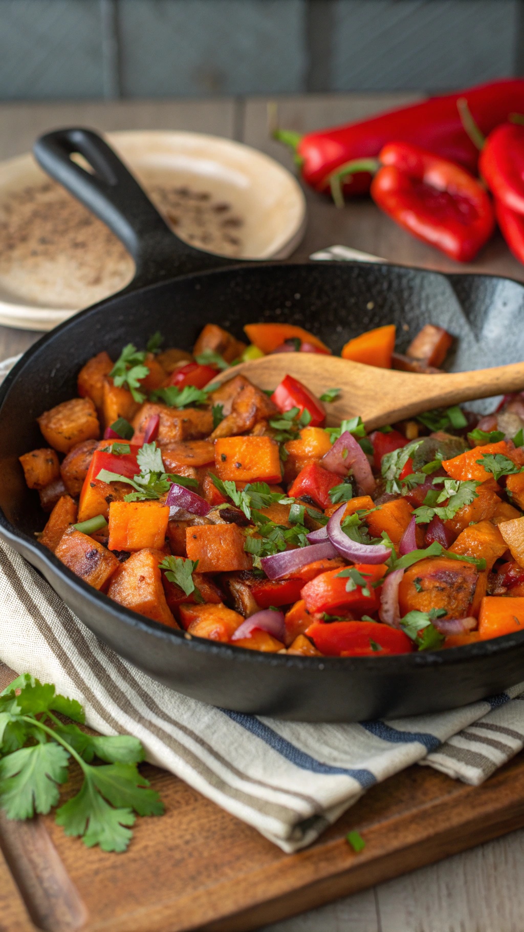 A colorful crispy sweet potato hash with bell peppers and onions in a skillet.
