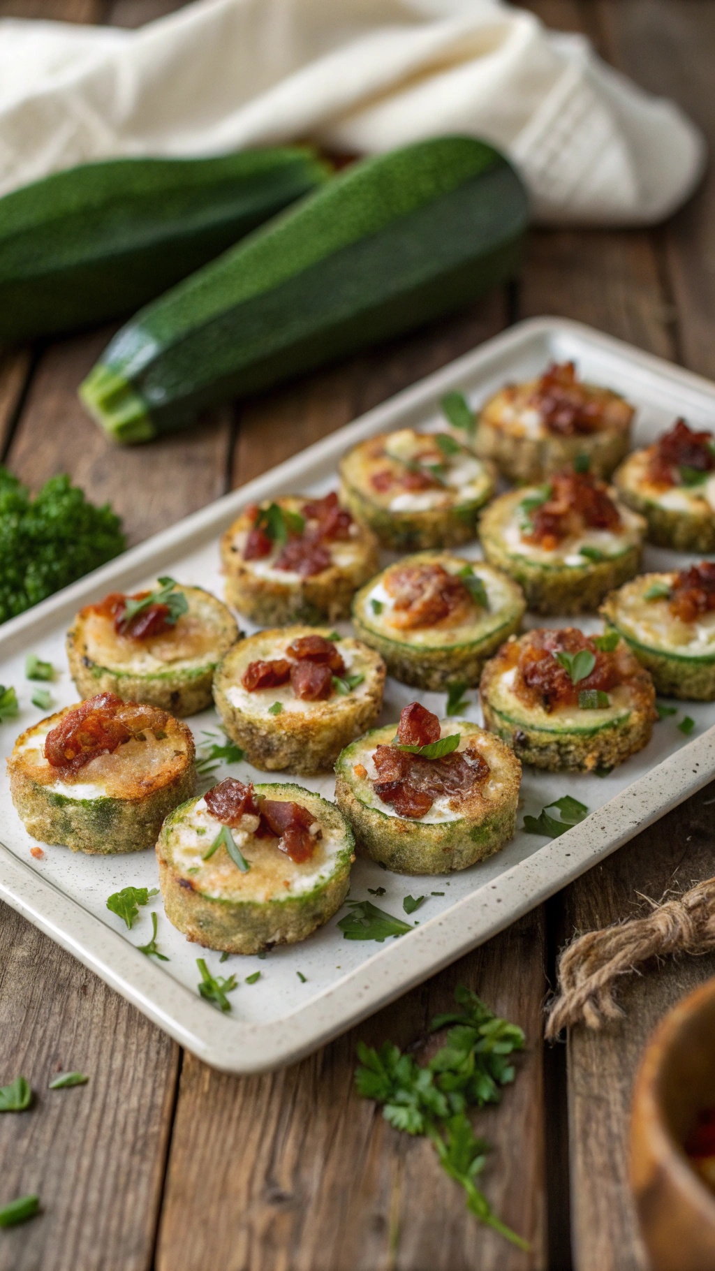 Plate of crispy zucchini and bacon bites garnished with parsley