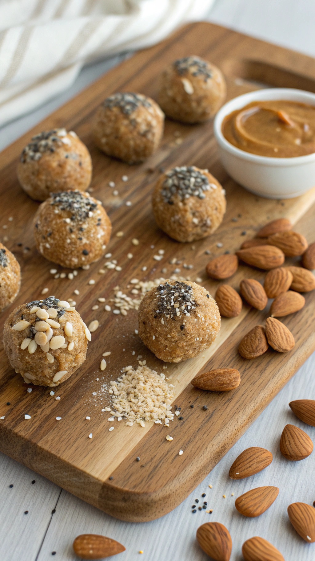 Crunchy almond butter protein bites on a wooden board with almonds and a bowl of almond butter