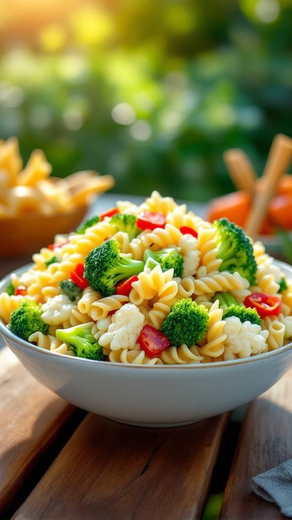 A colorful bowl of broccoli and cauliflower pasta salad with red bell peppers, set on a wooden table.