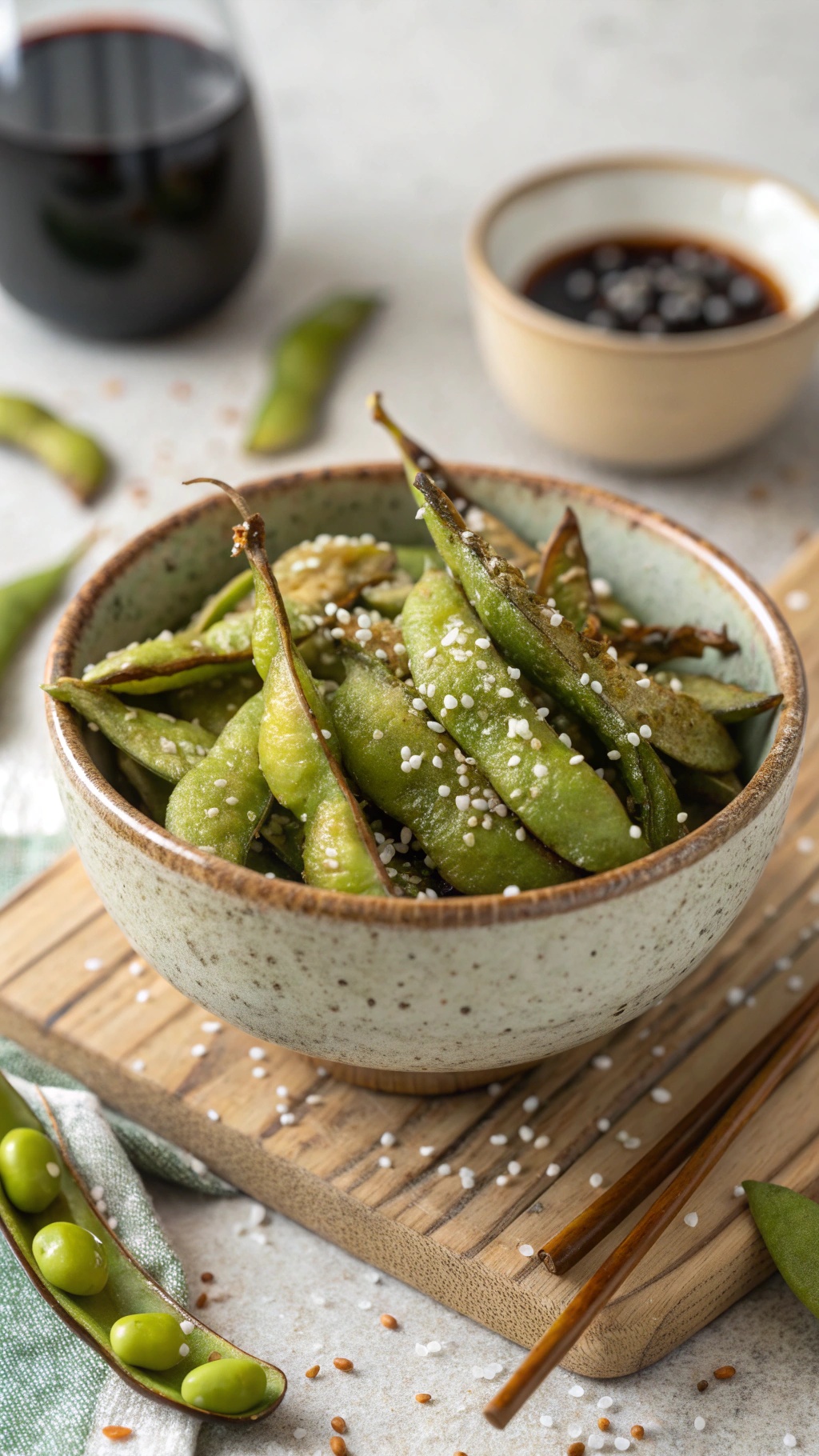 A bowl of roasted edamame sprinkled with sesame seeds, surrounded by chopsticks and a small dish of dipping sauce.