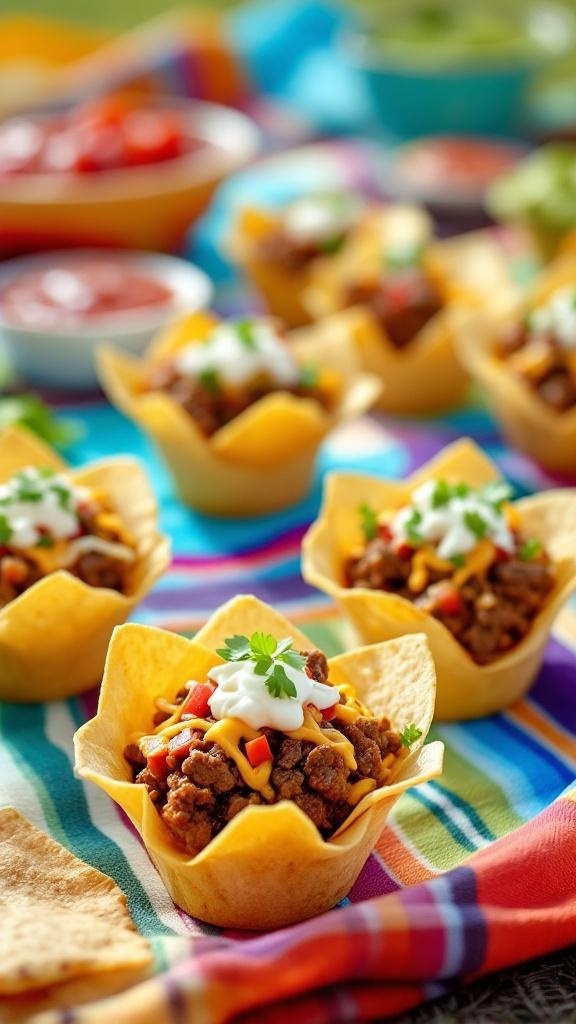 Colorful taco cups filled with seasoned meat, cheese, and fresh toppings on a picnic blanket.