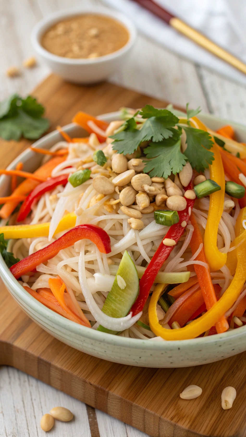 A colorful Thai Peanut Noodle Salad with fresh vegetables and peanuts, served in a bowl.