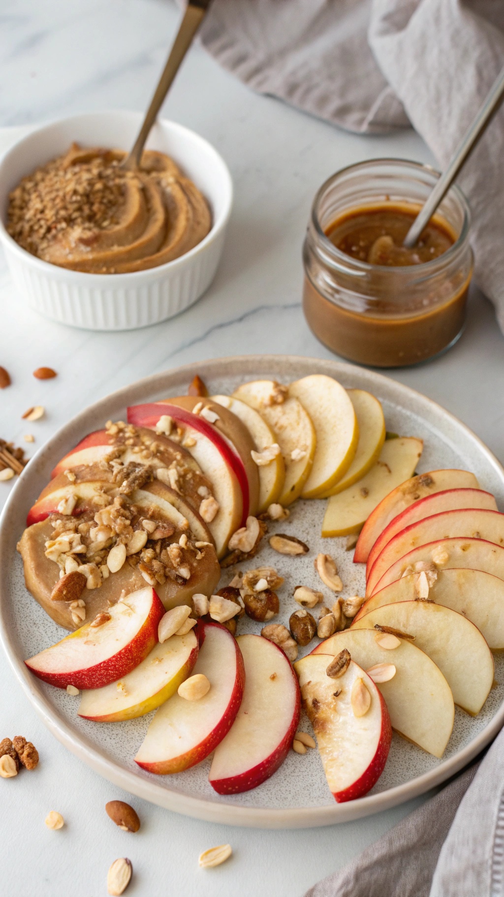 A plate of sliced apples with almond butter and chopped nuts on top.