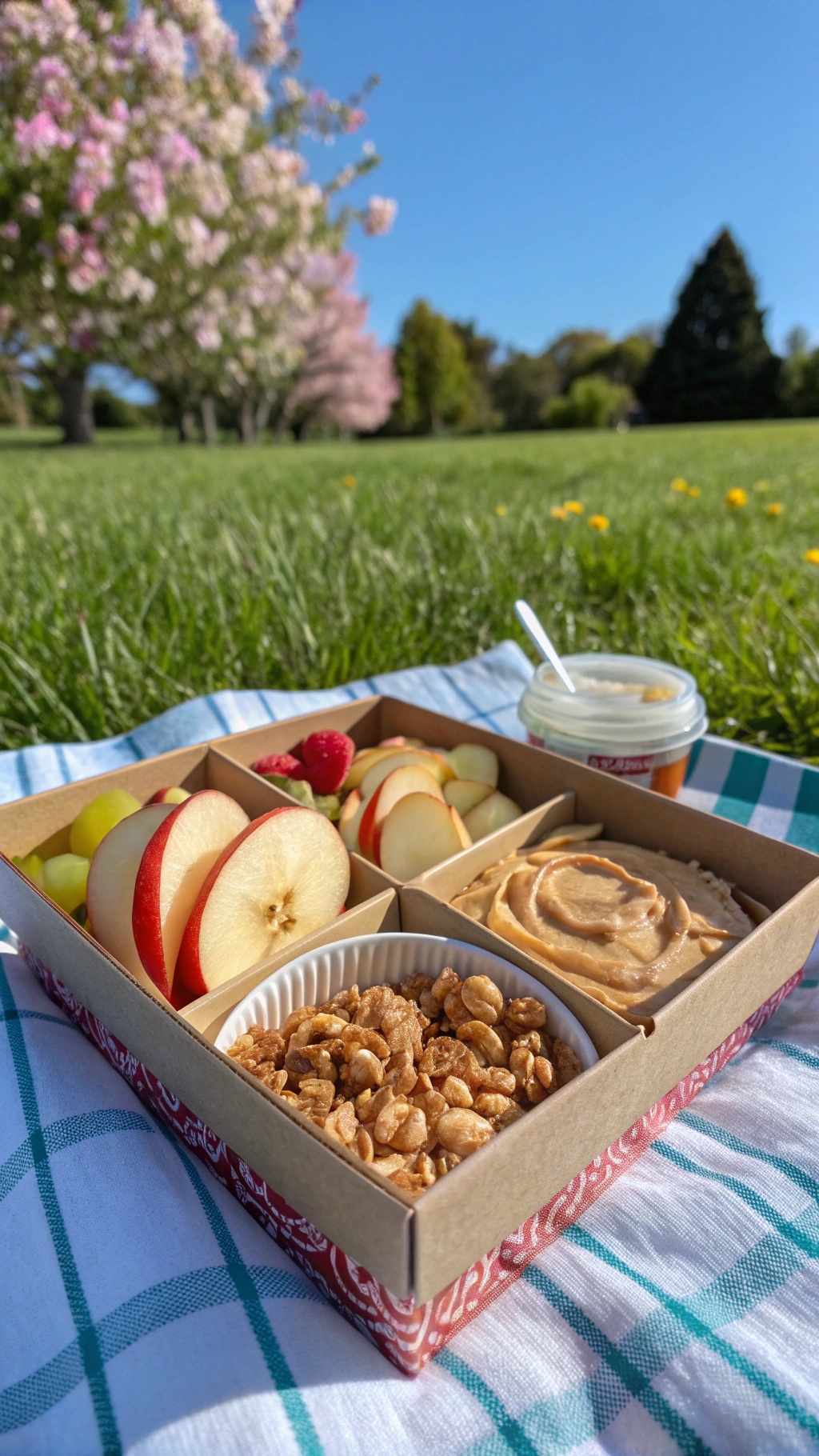 A snack box filled with apple slices, peanut butter, granola, and berries on a picnic blanket.