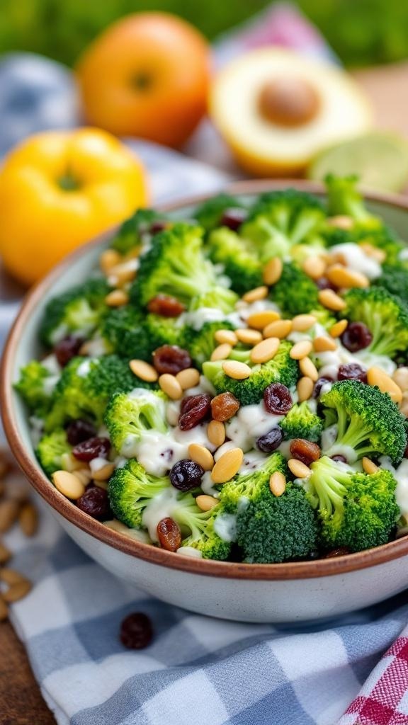 A bowl of crunchy broccoli salad with raisins and sunflower seeds, surrounded by fresh fruits.