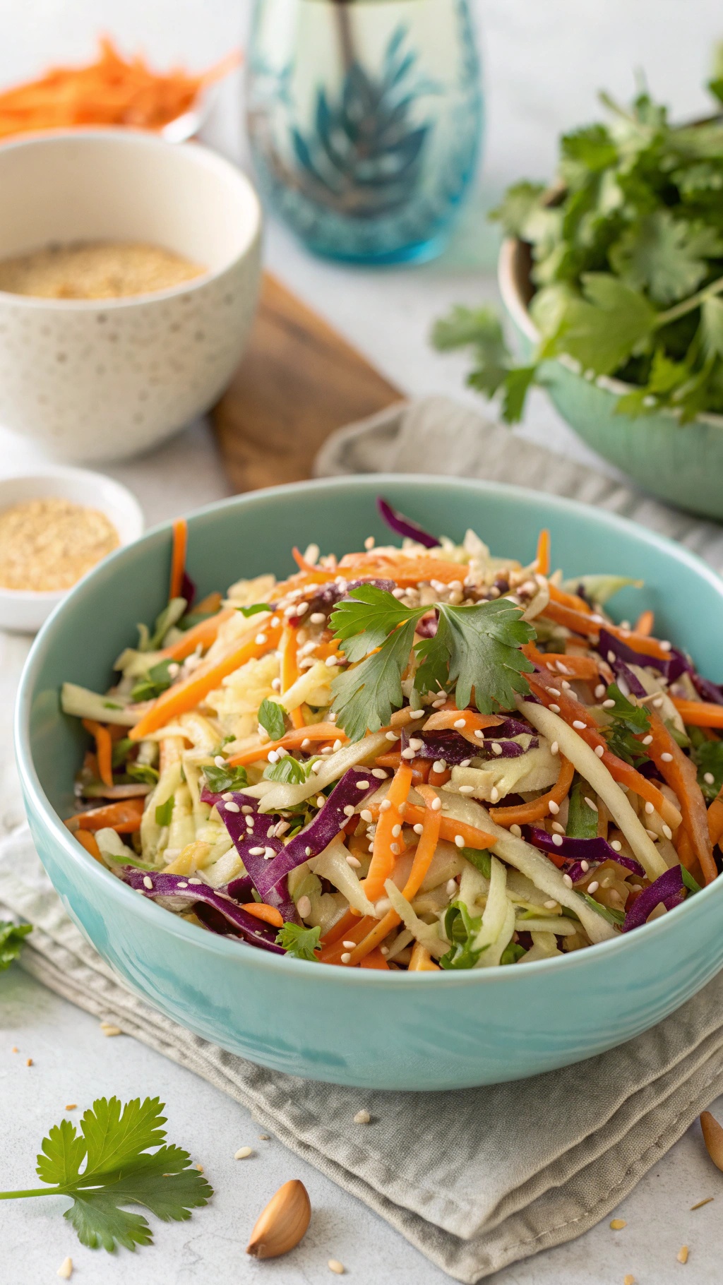 A colorful bowl of crunchy cabbage and carrot slaw with sesame seeds and fresh herbs.